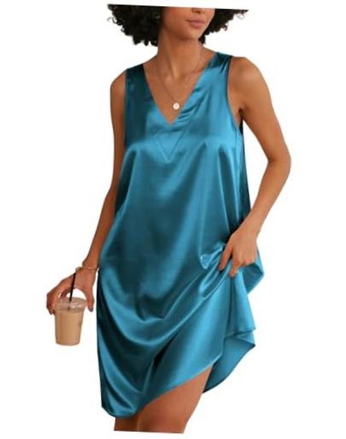 Women’s Satin Silk Nightgown V Neck Nightie Tank Sleepshirt Large Dark Blue