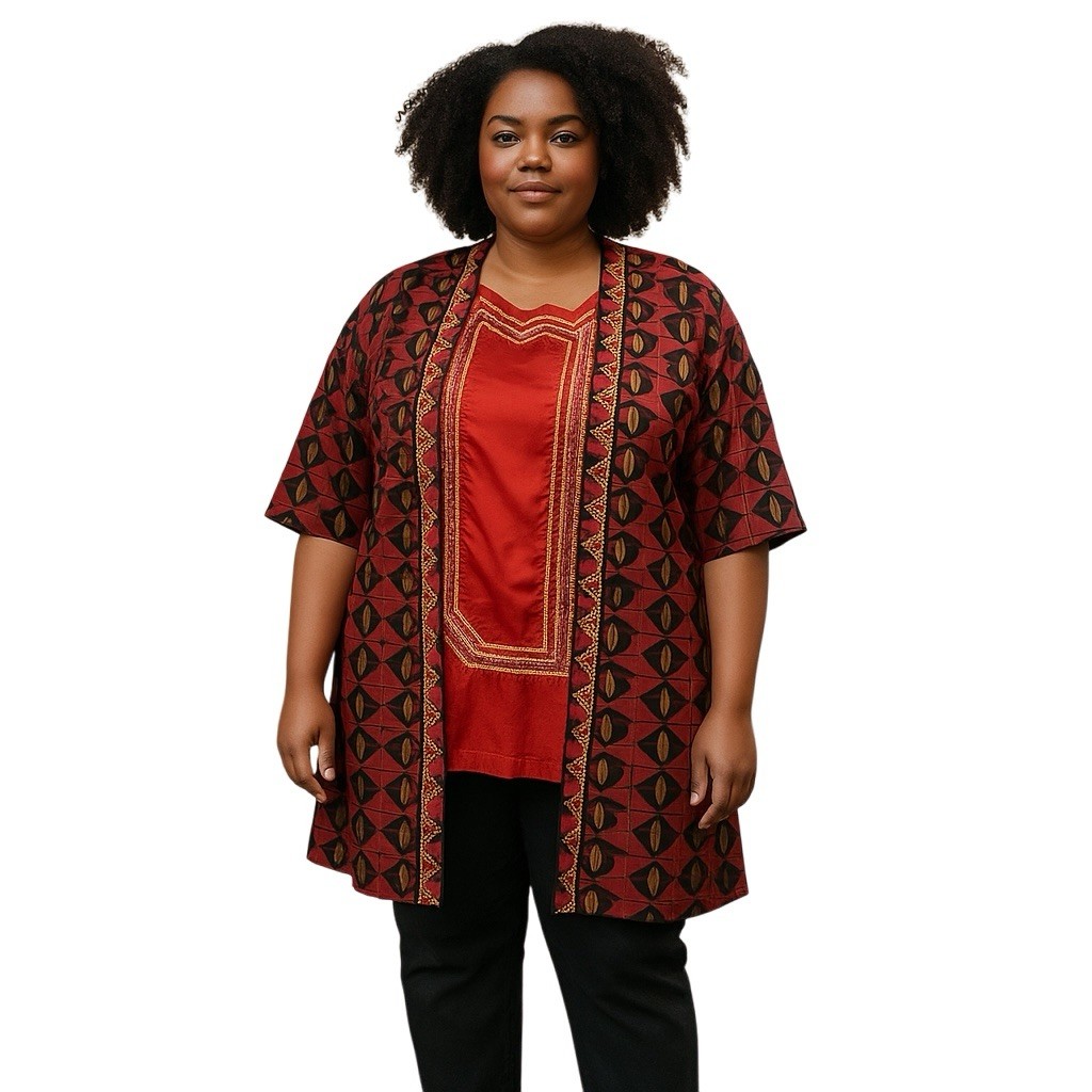 The African Village Womens Red Gold Black Button Up Tunic One Size Fits All