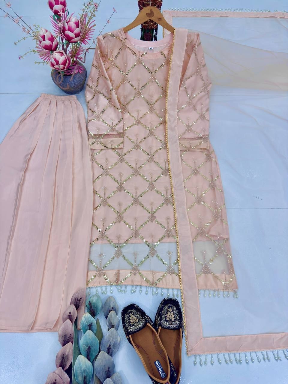 Latest New Heavy Soft Net Pink Top Palazzo With Dupatta For Indian Party Wear