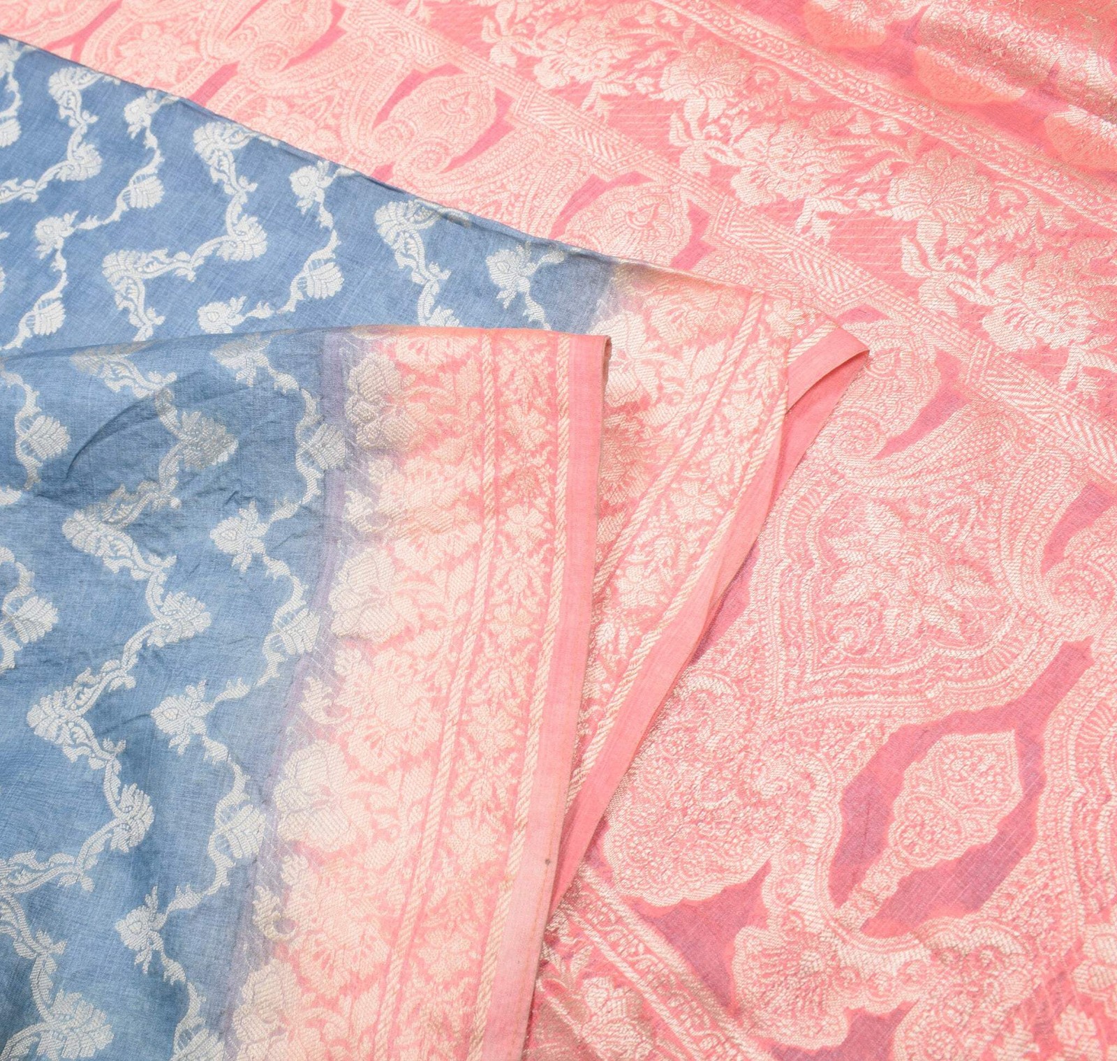Sushila Vintage Gray Saree Pink Border Pallu Woven Pure Tussar Silk Sari Fabric