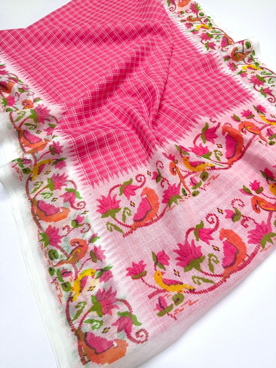 Designer Pink chex Jamdani print Soft Linen Digital Print Saree 6.30m W8 Blouse