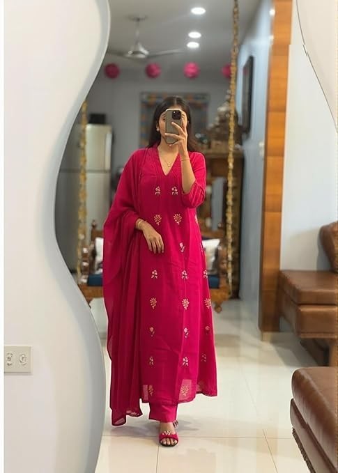 Women Pink Plus Size Rayon Indian Kurta Top & Trouser With Dupatta, Casual Top