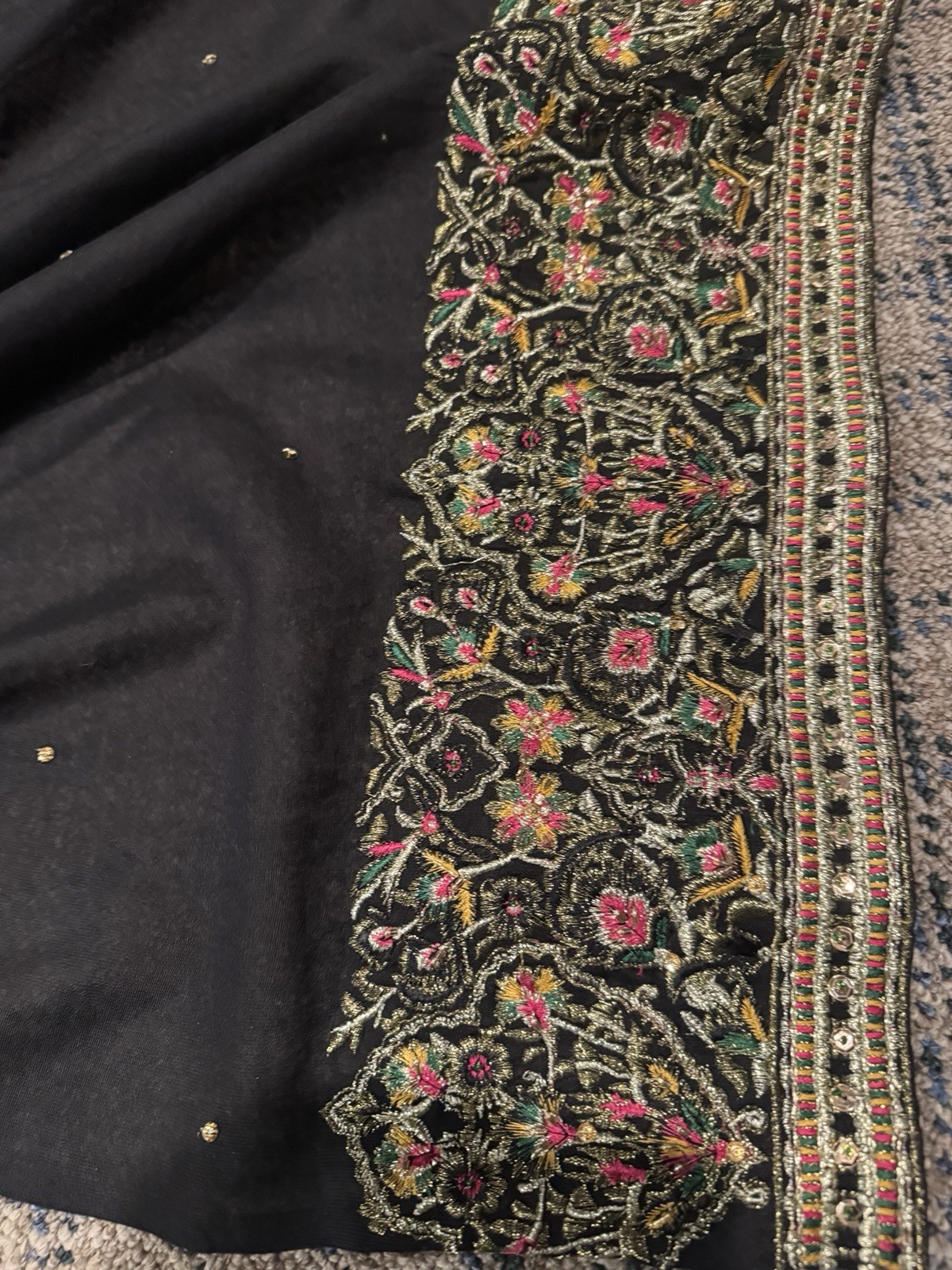 Pakistani Designer Black Gold Cotton Lawn Shalwar Kameez Wrap Fabric Panel Namaz