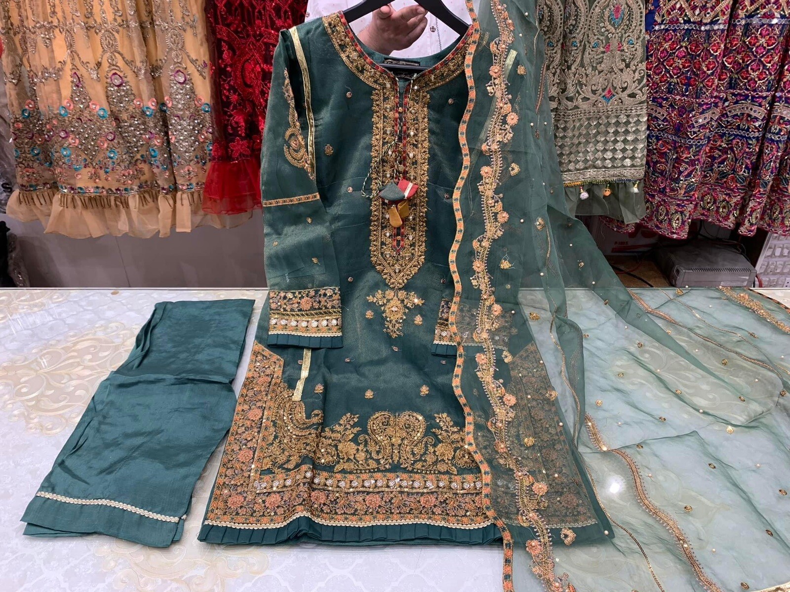 Pakistani Suit-3PC Cotton Net Fully Embroidered With Organzer Dupatta- Size 36