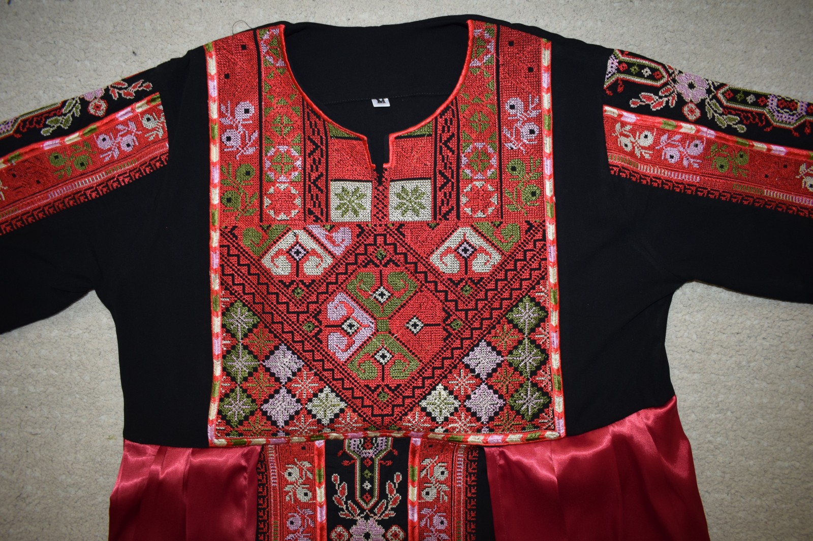 Palestinian Tatreez Thobe Black Red Satin Bedouin Embroidered Kaftan