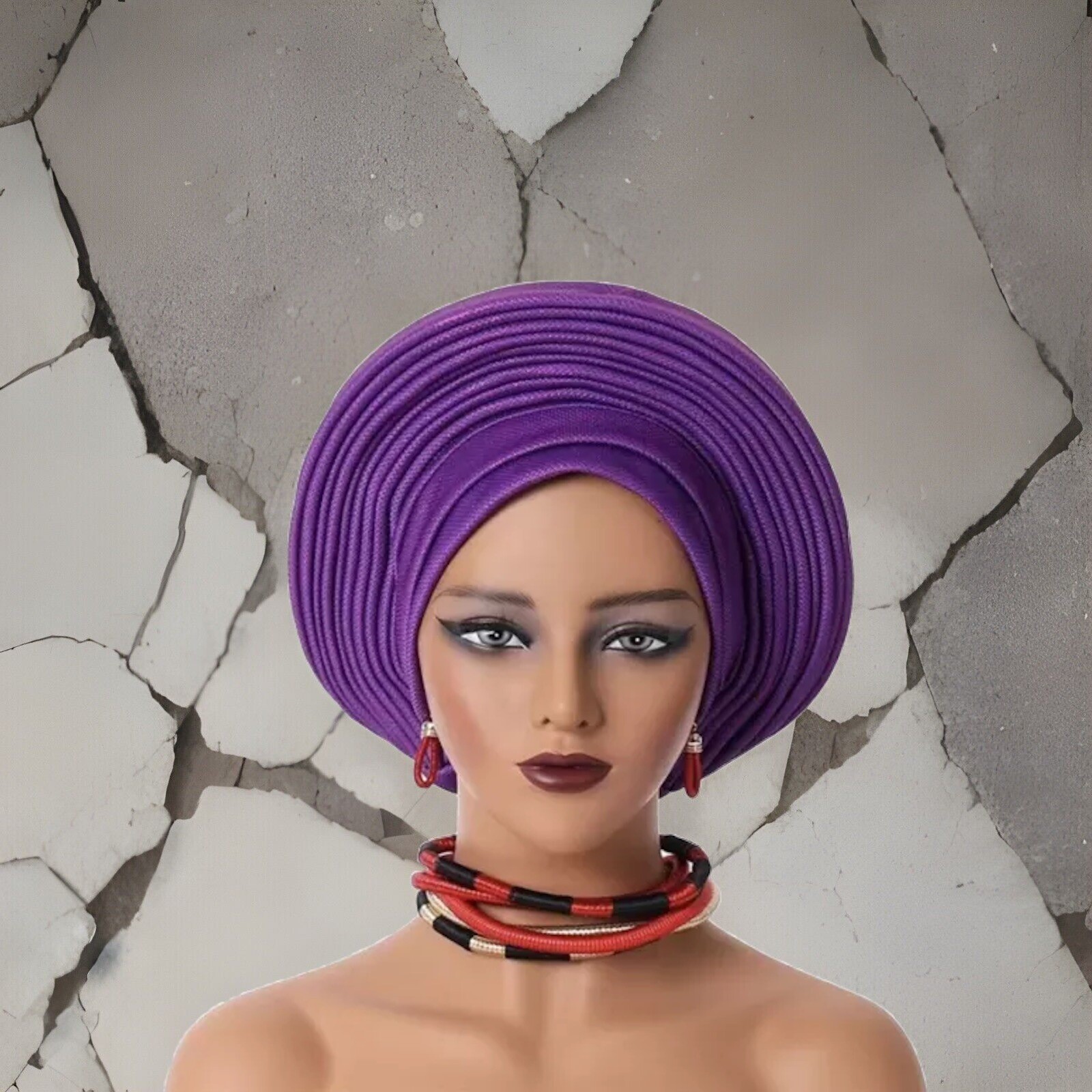 Purple African Headtie Auto Gele, Nigeria Turban wrap (Jewelry Not Included)