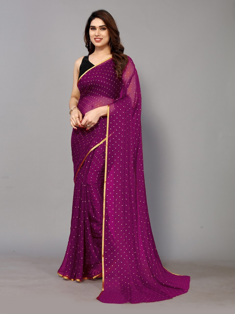Woven, Embellished Daily Wear Chiffon Saree (Magenta)