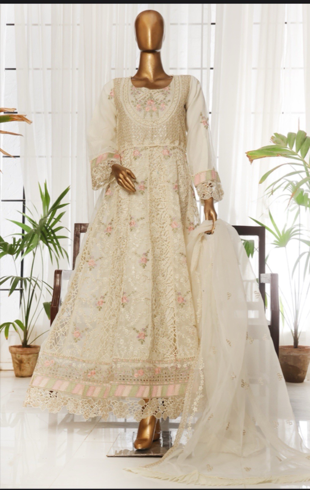 Ivory Net Cotton Salwar Kameez with Floral Embroidery & Dupatta for Women