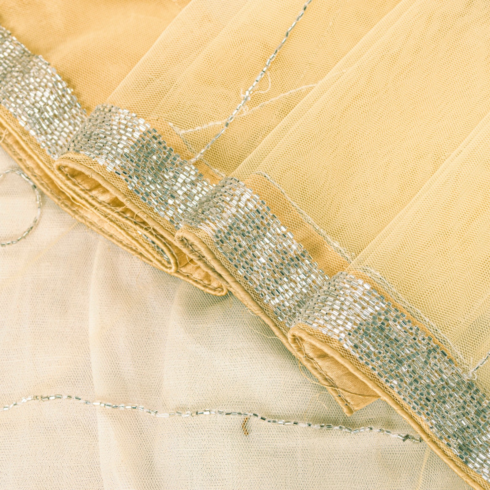 Sanskriti Vintage Yellow Net Mesh Saree Hand Glass Bead 6+Yd Fabric Wedding Sari