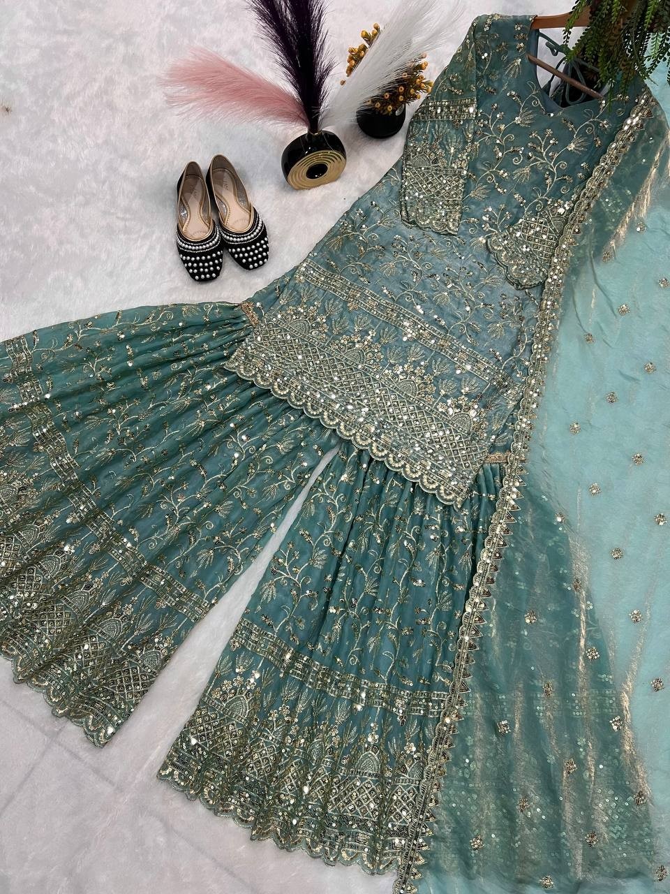 Salwar Ready To Wear Fancy Sky-blue Color Palazzo Suit Party Bollywood Wedding