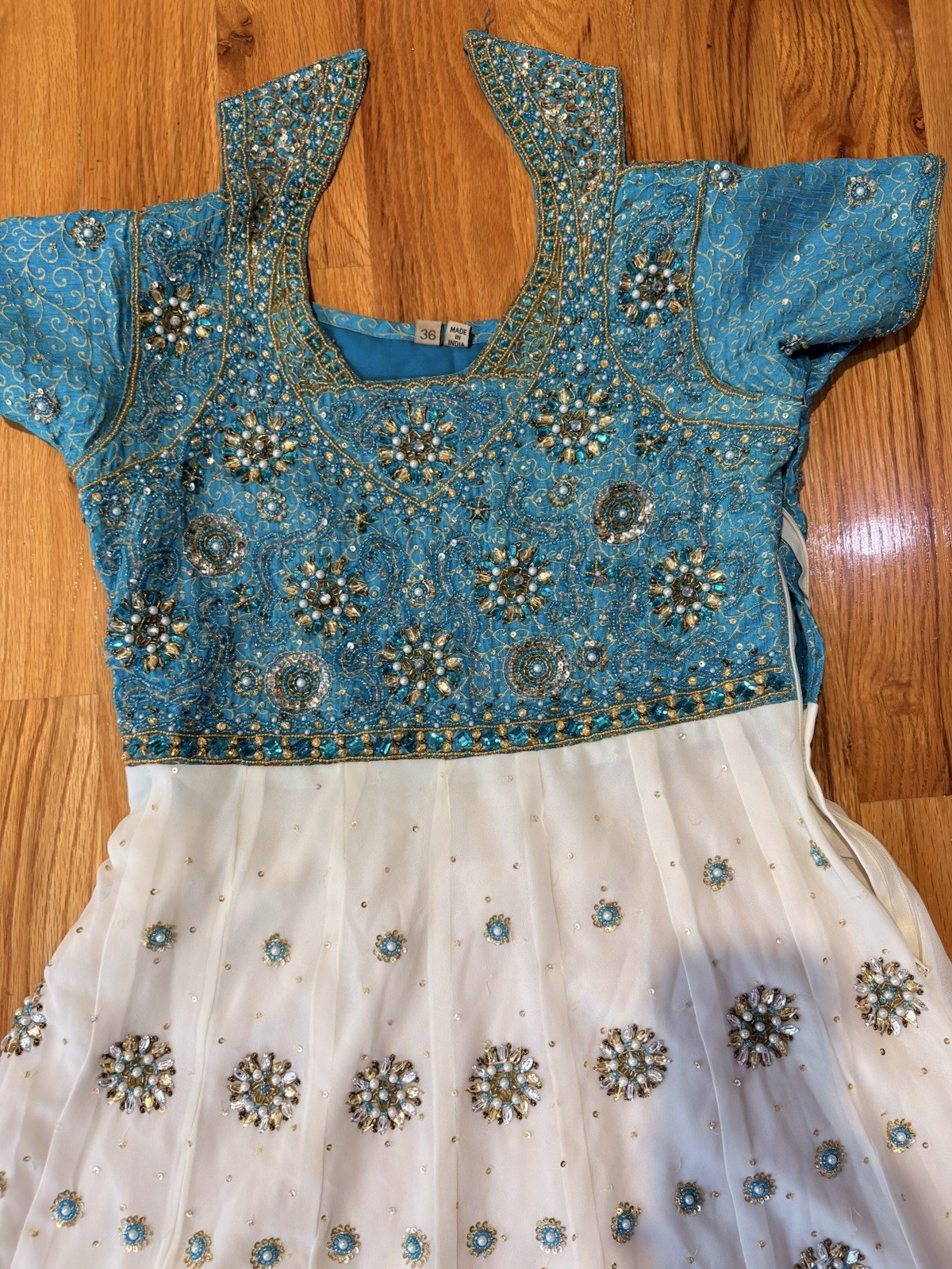 Blue and Cream Pearl /Stud Shalwar Kameez Set