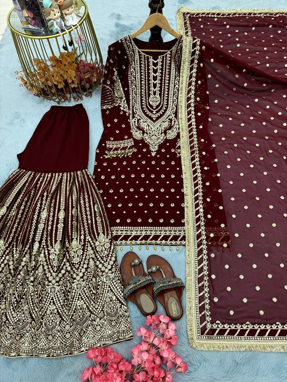 Indian Designer Wine Faux Georgette Kurta Palazzo With Dupatta For Women & Girls