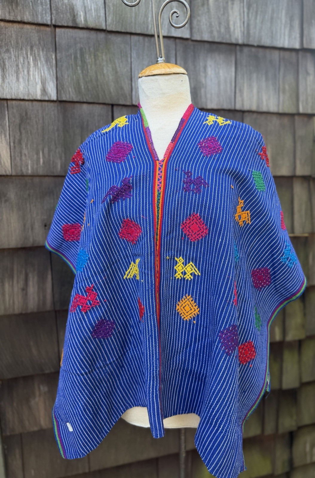 Vintage Mexican Huipil Top Blue Stripes Hand Embroidery OS
