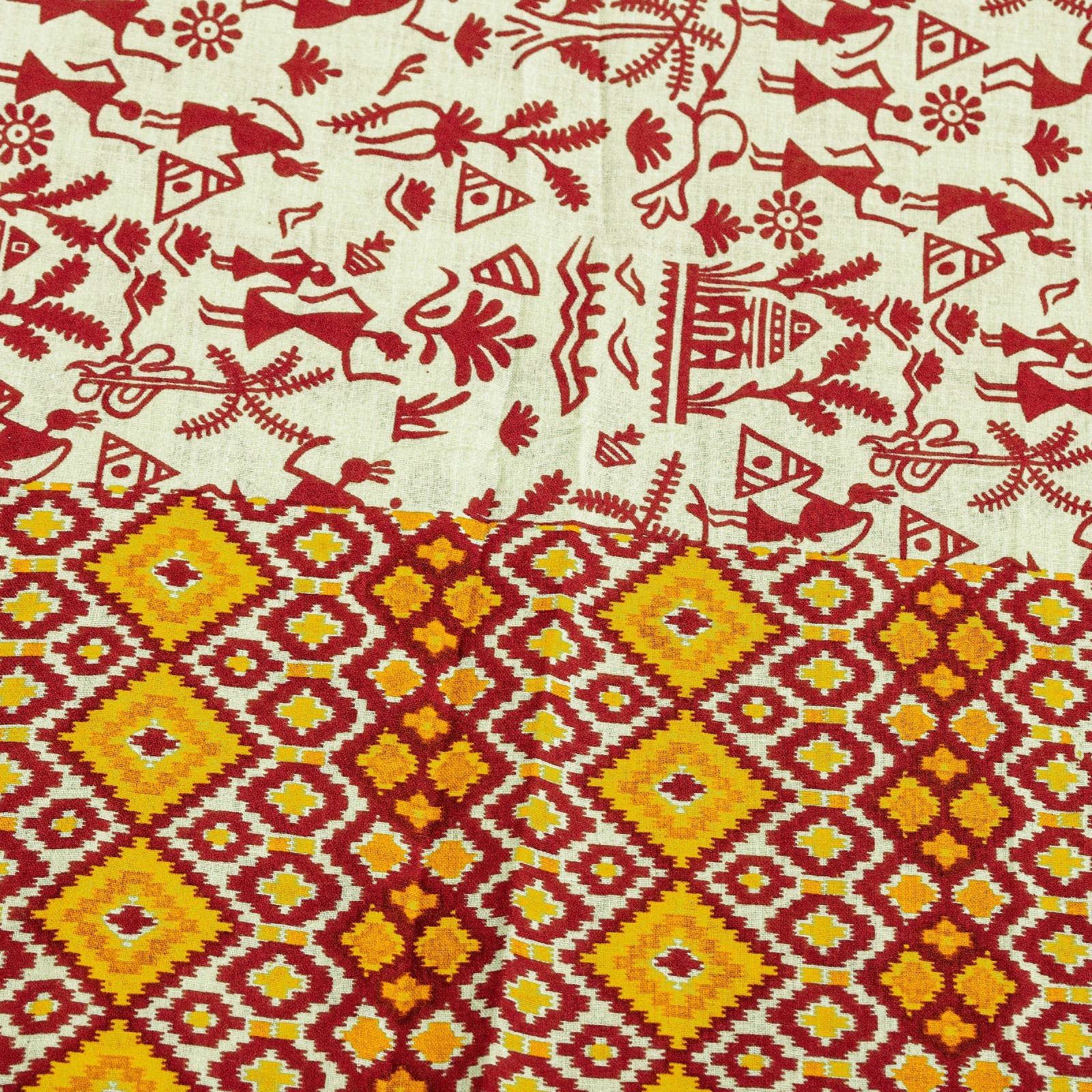 Sanskriti Vintage Saree Soft Red-Cream WarliArt Pure Cotton Geometric Print 5+Yd