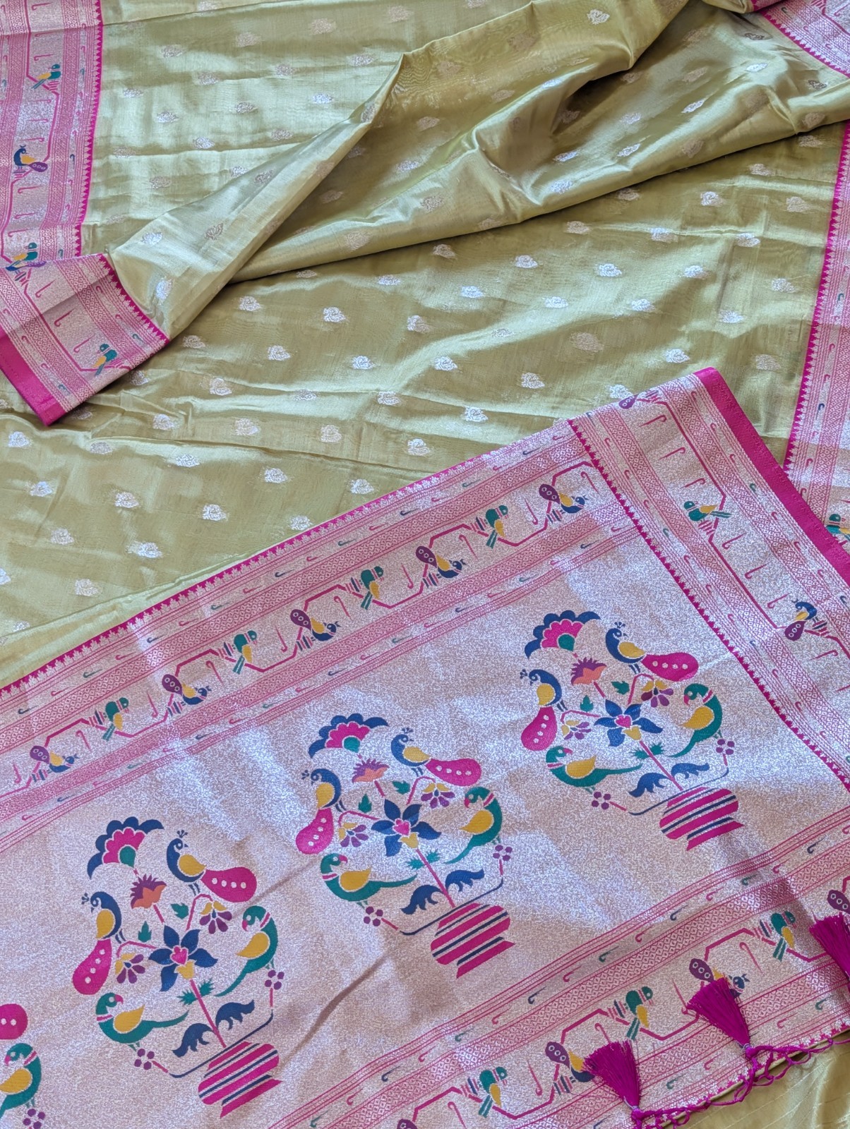Saree Paithani Silk Muniya Peacock Minakari Zari Border Pallu Stitched Blouse