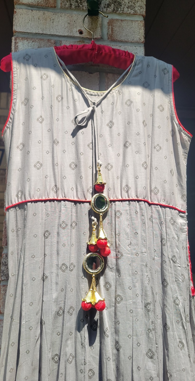 Anarkali cotton floor length gown. Gray with red embroidery. Sleeveless. Size M
