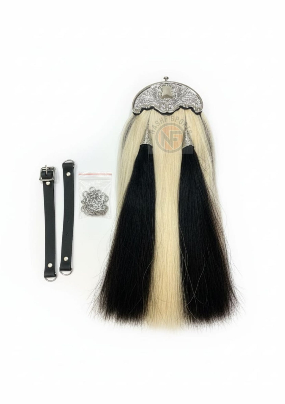Scottish Full Dress Horsehair Sporran White Black Tassels Real leather back