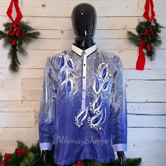 Monochromatic Hand Painted Barong Tagalog Jusi Organza Filipino Formal Barong