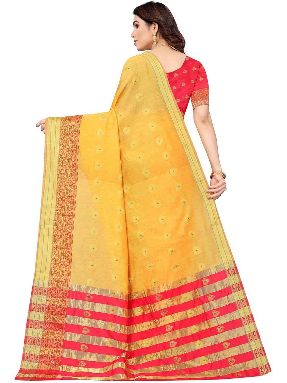 Women’s Jacquard Cotton Blend Golden Zari Woven saree with running blouse piece