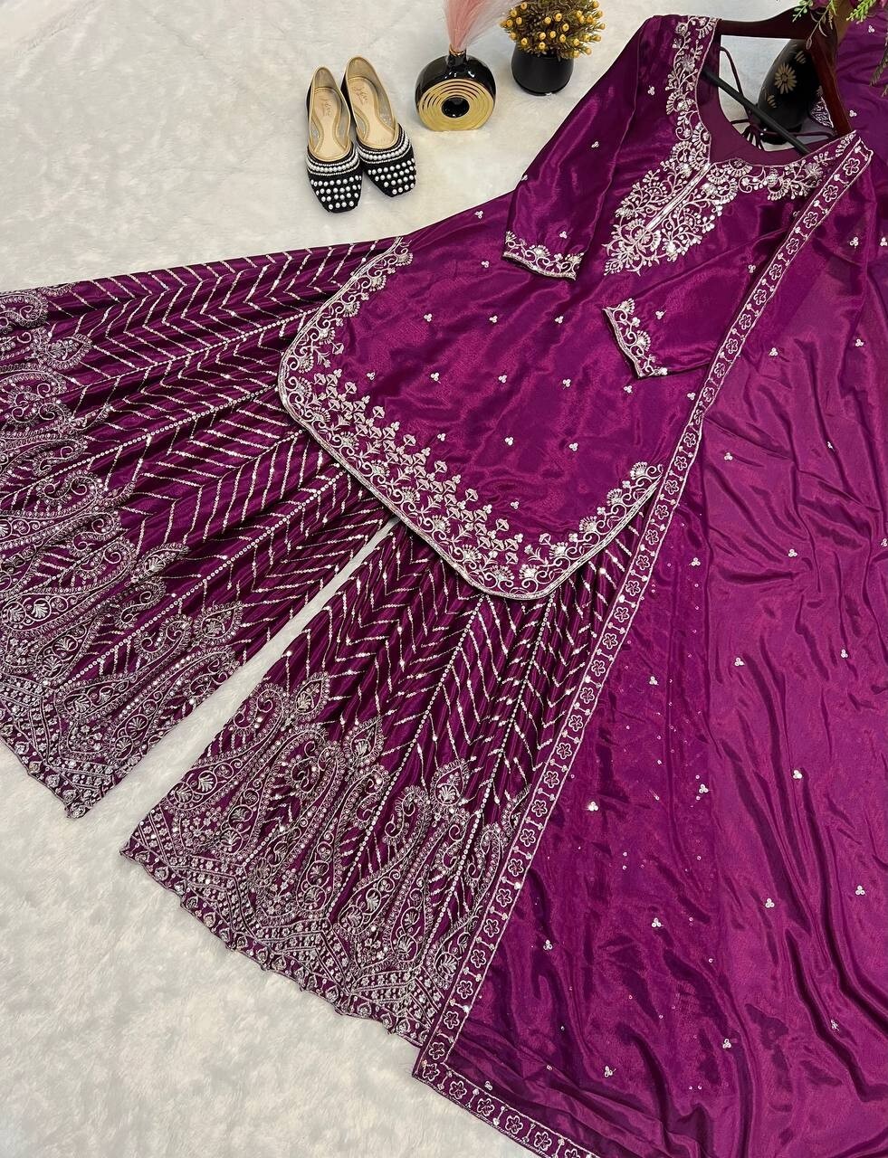 New Attractive Wine Chinon Silk Kurta Palazzo With Dupatta For Wedding & Party