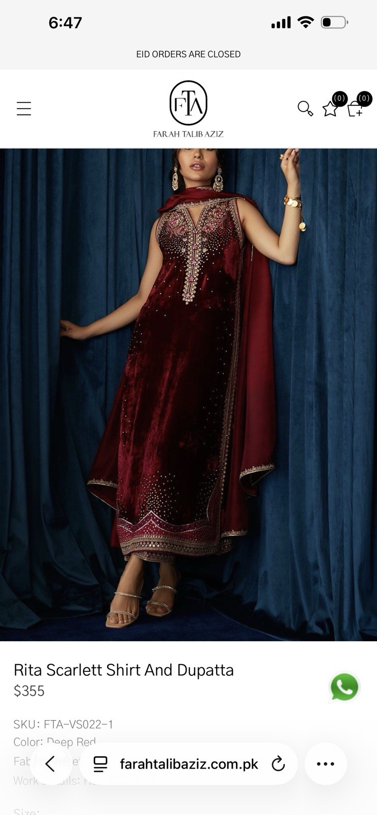 Farah Talib Aziz Red Velvet Kurta Shirt & Dupatta Size large