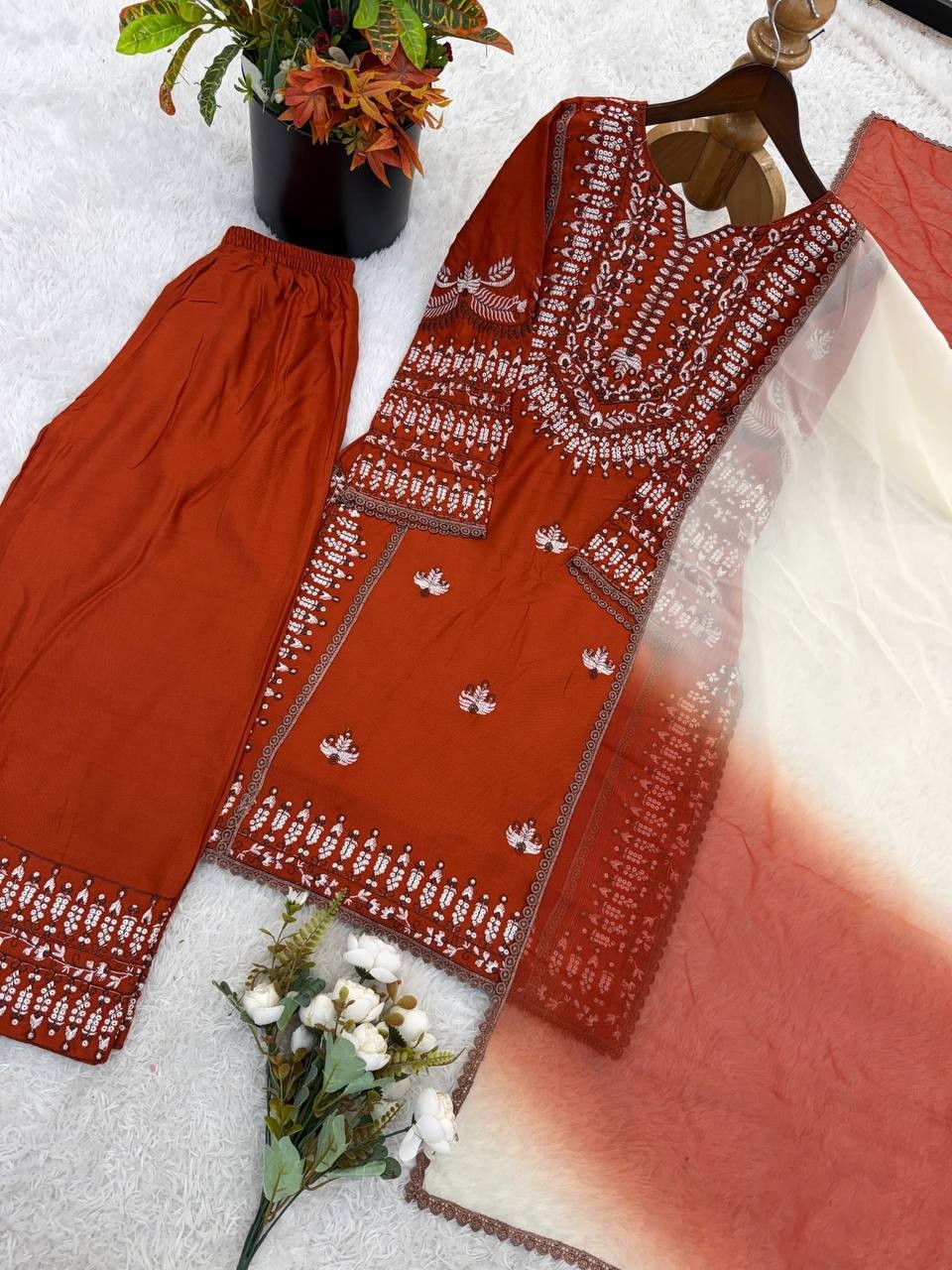 Exclusive Rayon Cotton Orange Salwar Kameez With Dupatta For Wedding & Party