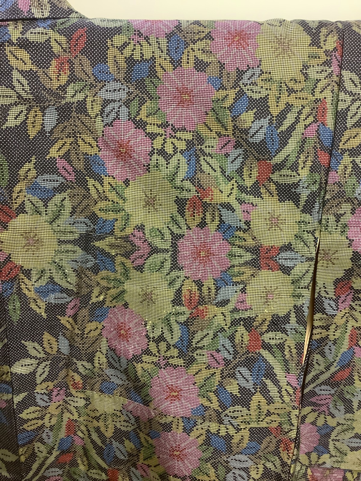 Japanese Vintage Kimono Polyester Black Flower Expensive Dirt Height 59.05in