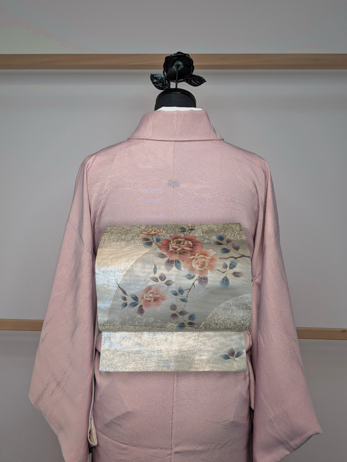 Vintage Japanese Kimono Silk Nagoya Obi Silver Pink Pearl Foil Floral Textile