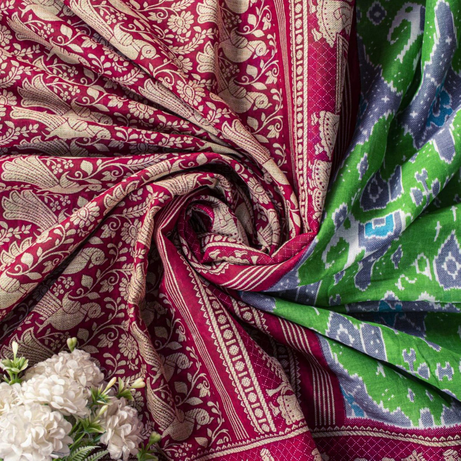 Sanskriti Vintage Saree Green Pure Cotton Kat Printed Peacock Sari 5+Yd Fabric