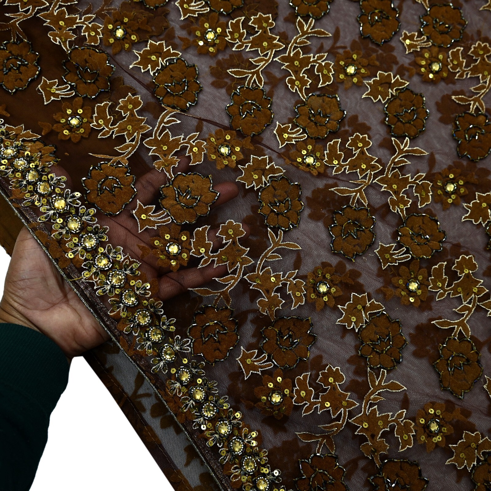 Vintage Heavy Coffee Brown Saree Net/Mesh Hand Beaded Sari Fabric 5Yd Sewing