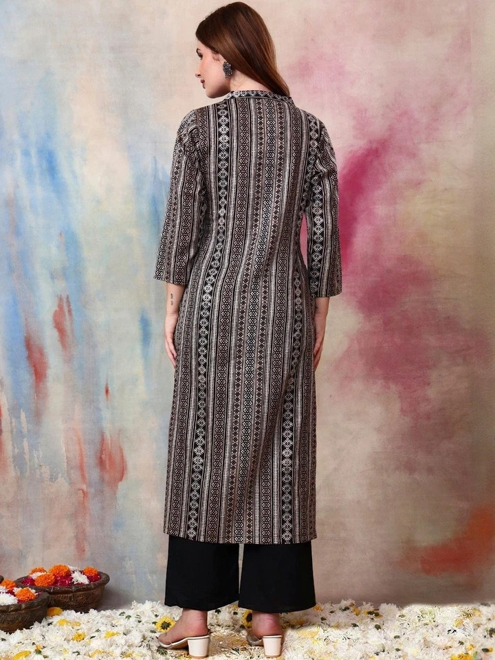 BEAUTIFUL Indian Women Black Cotton Geometric Printed Kurta with Trouser Set