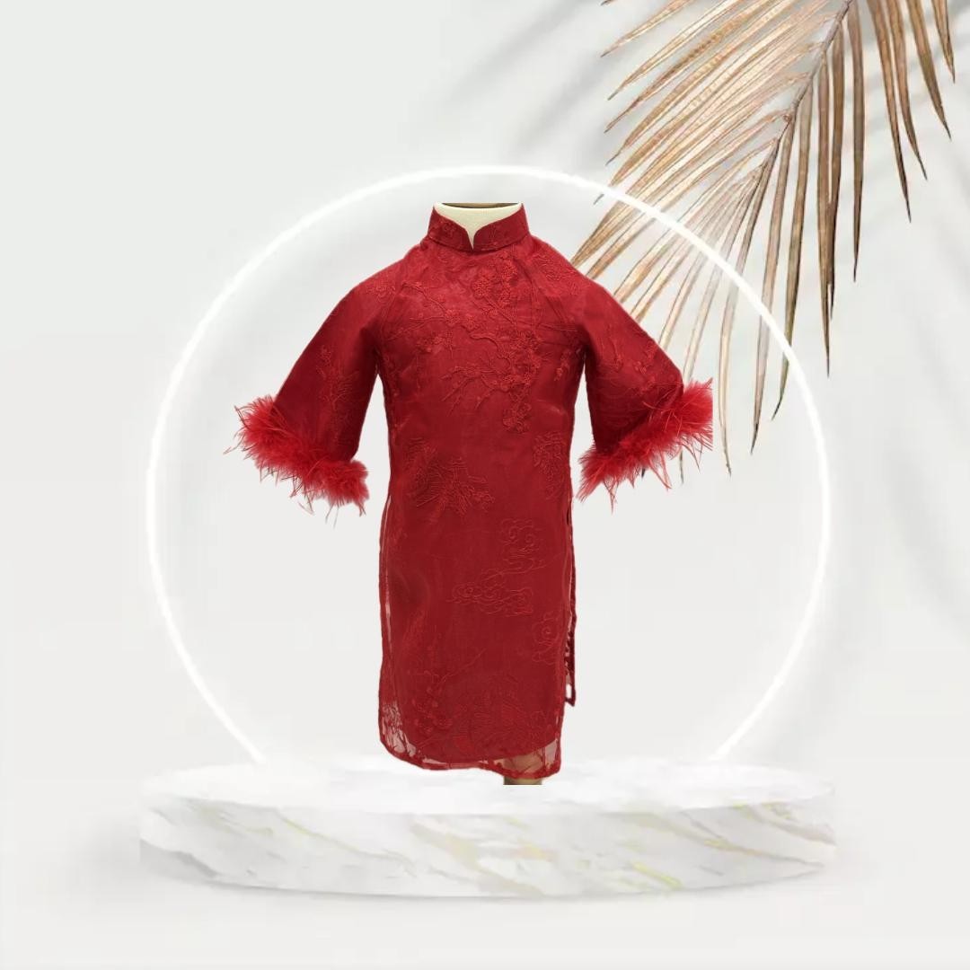 Red Vietnamese Traditional Ao Dai/Dress with Red Pants for Girl. Complete Set