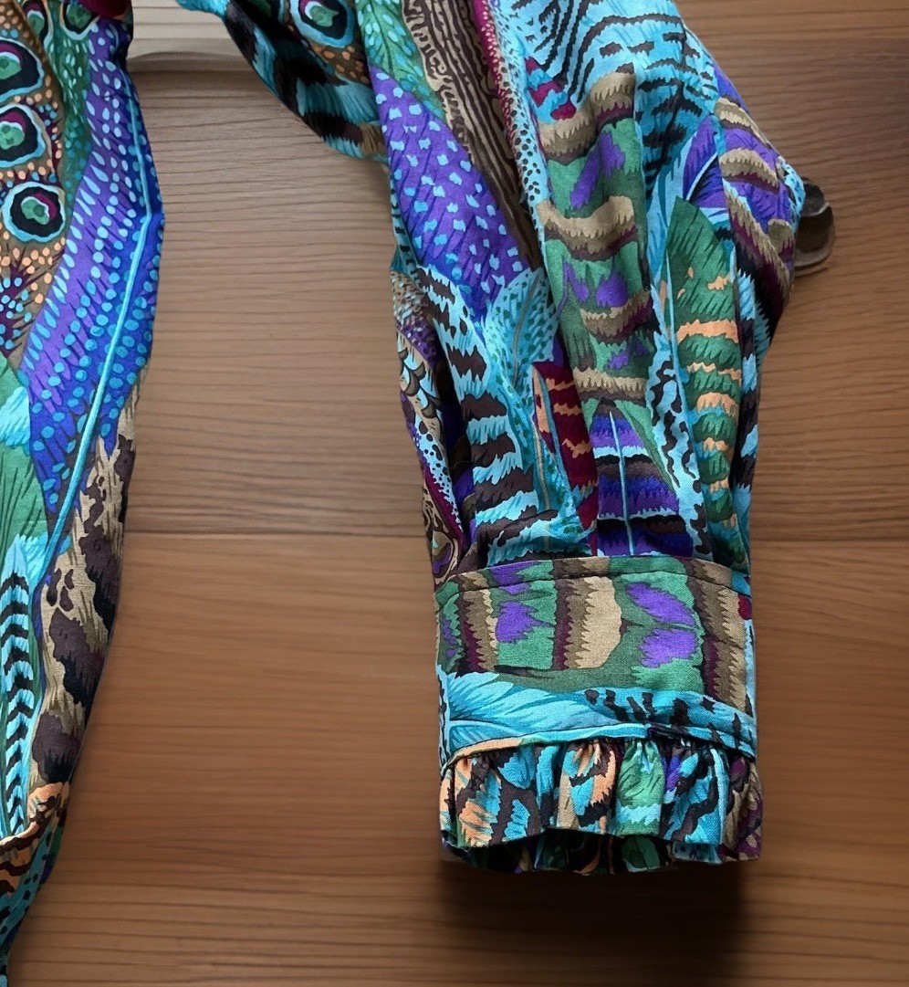 Printed FEATHERS UP Custom Made Ribbon Shirt XL Notch Neck Ruffled Sleeves