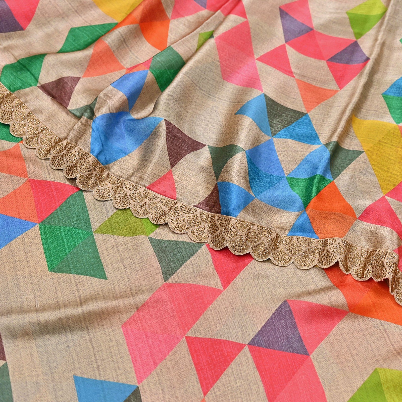 Rare Vintage Multi Pure Satin Silk Saree Hand Embroidered Fabric 5.5 Yards Sari