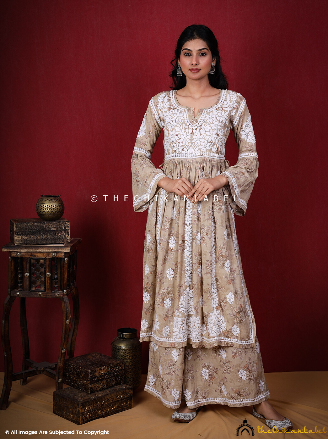 Beige Modal Chikankari Nyra Cut Kurta Palazzo Set Lucknow Chikan Handmade Set