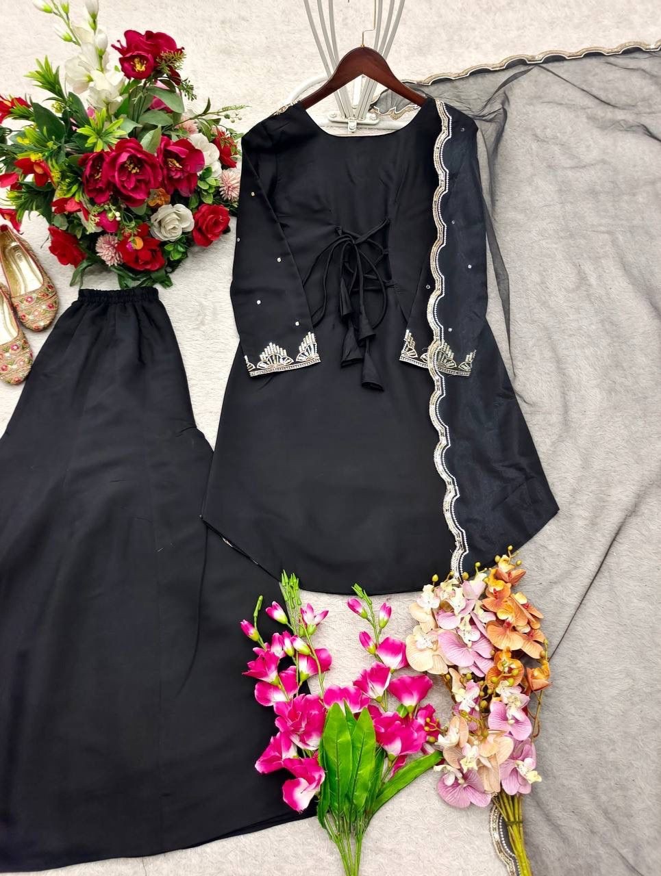 Designer black palazzo suit dupatta set for women festive and party wear
