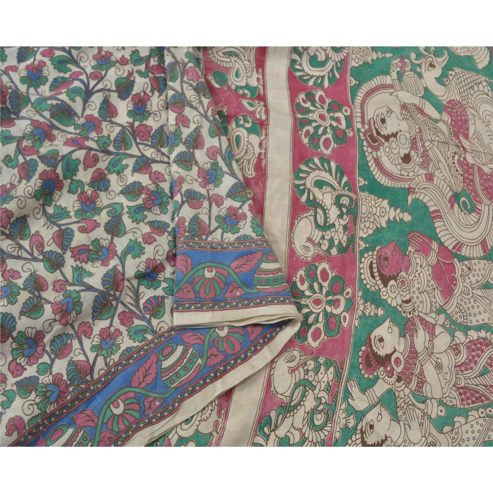 Sanskriti Vintage Ivory Sarees Blend Silk Handmade Kalamkari Peacock Sari Fabric