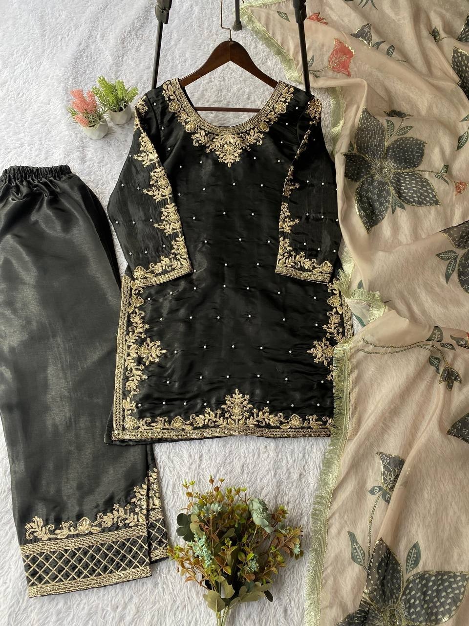 Unique Designer Heavy Fandy Crushi Silk Top And Sharara Palazzo With Dupatta