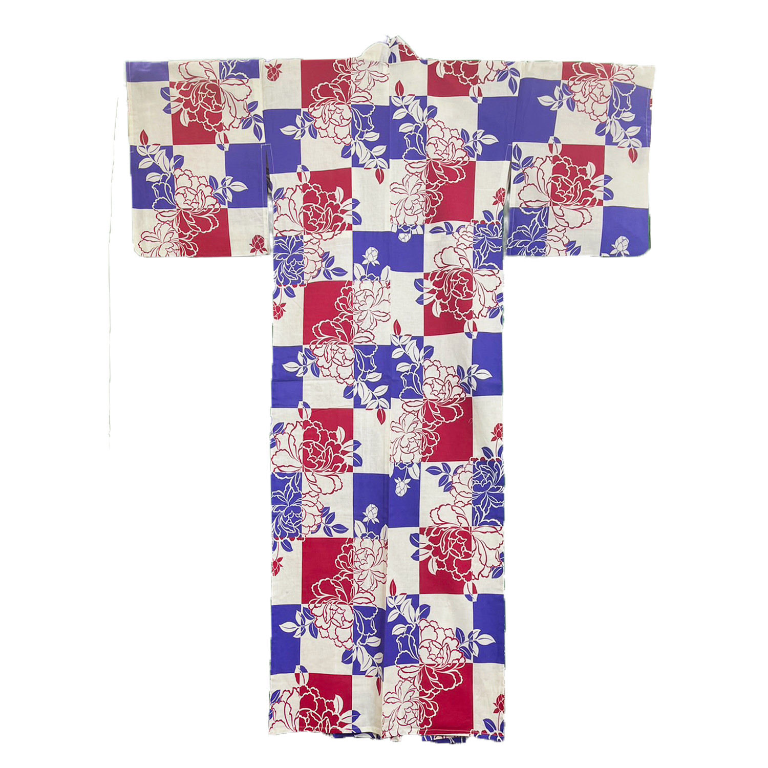 Women’s Cotton Yukata, Casual Summer Kimono – Blue & Red, Peony