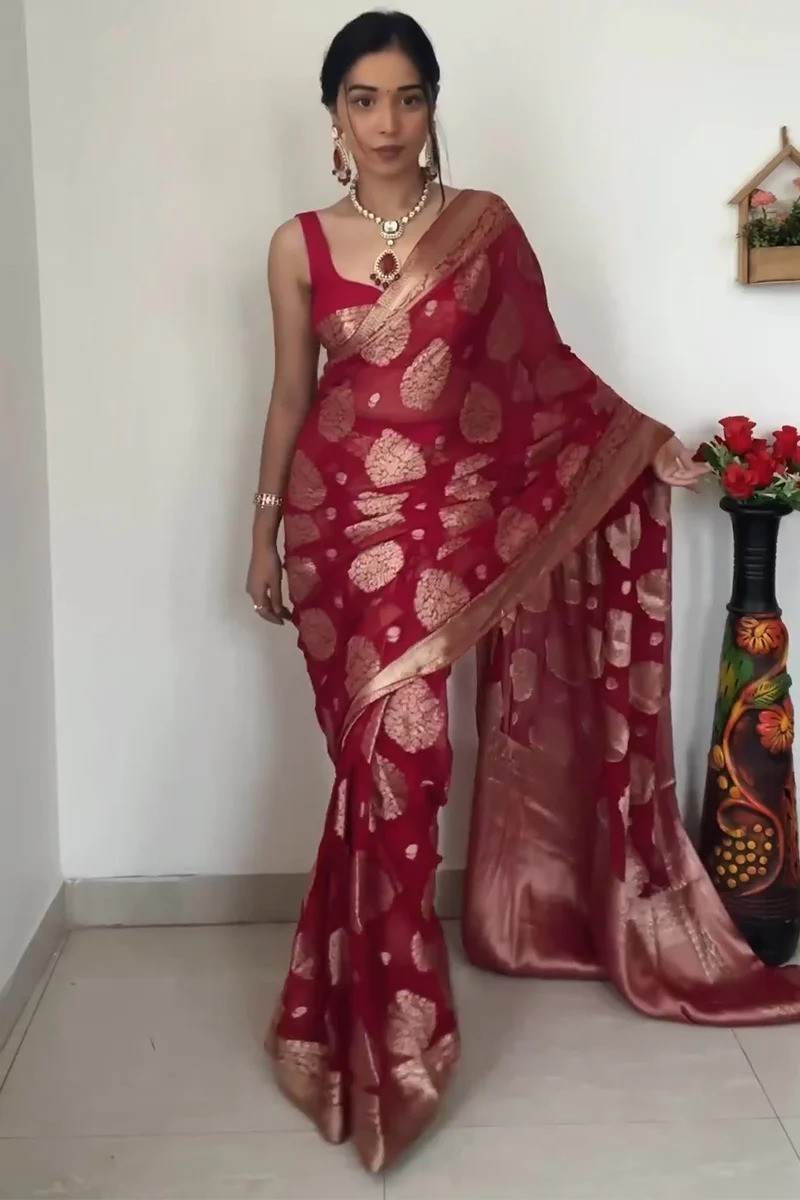 Women’s Dark Red Ready to Wear Cotton Silk Saree With Unstitched Blouse Piece