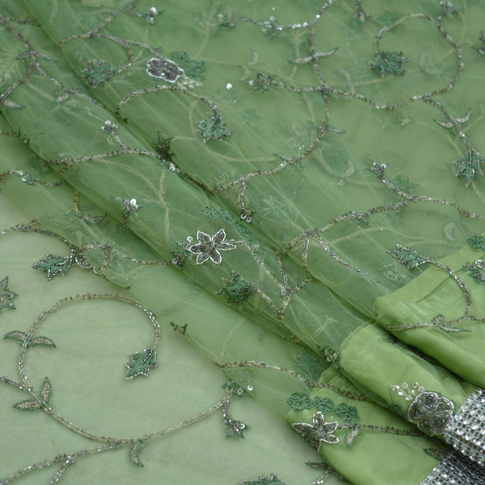 Vintage Heavy Saree Green Net/Mesh Hand Embroidered Sari Fabric 5Yd Sewing Dabka