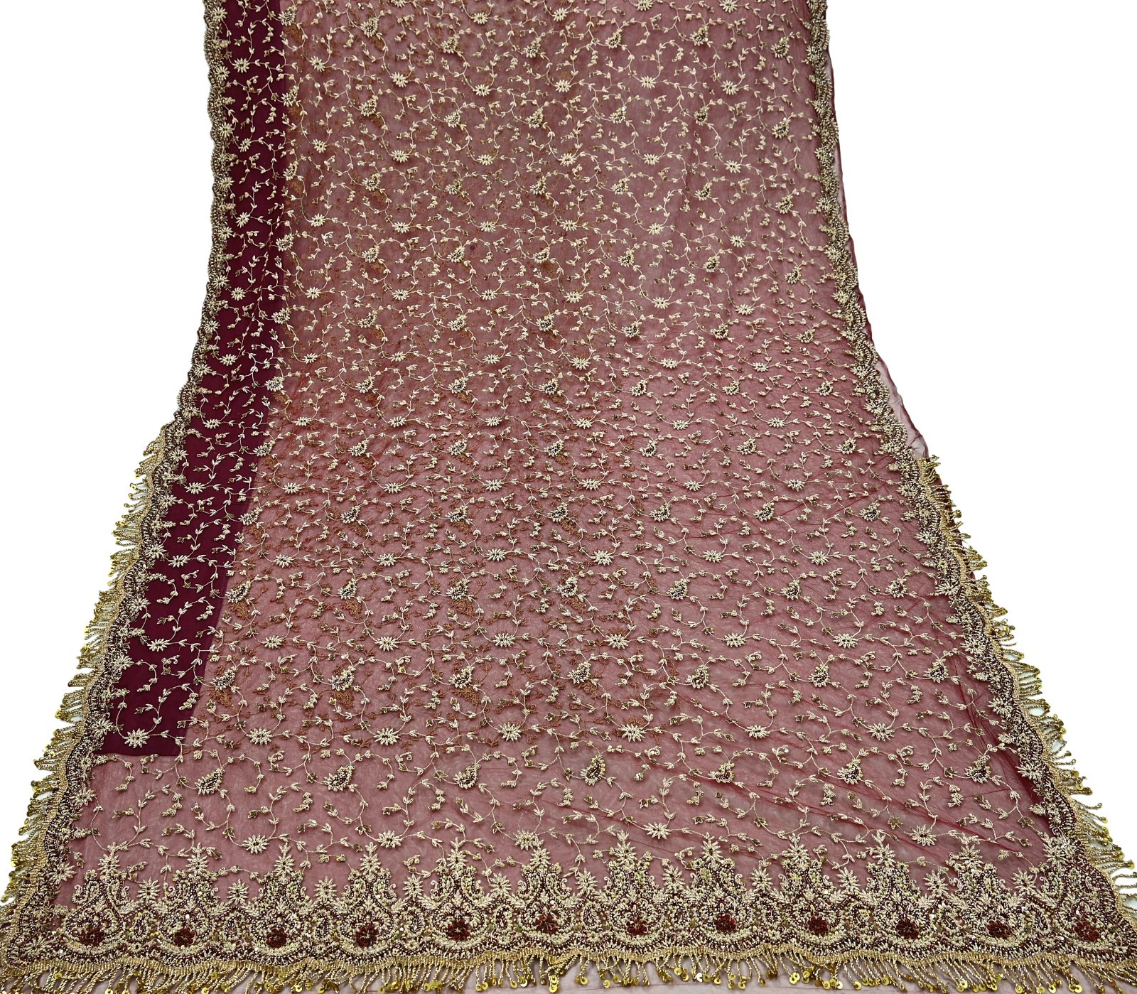 Vintage Heavy Sari Maroon Net/Mesh Hand Embroidered Sarees Fabric 6Yd Ethnic