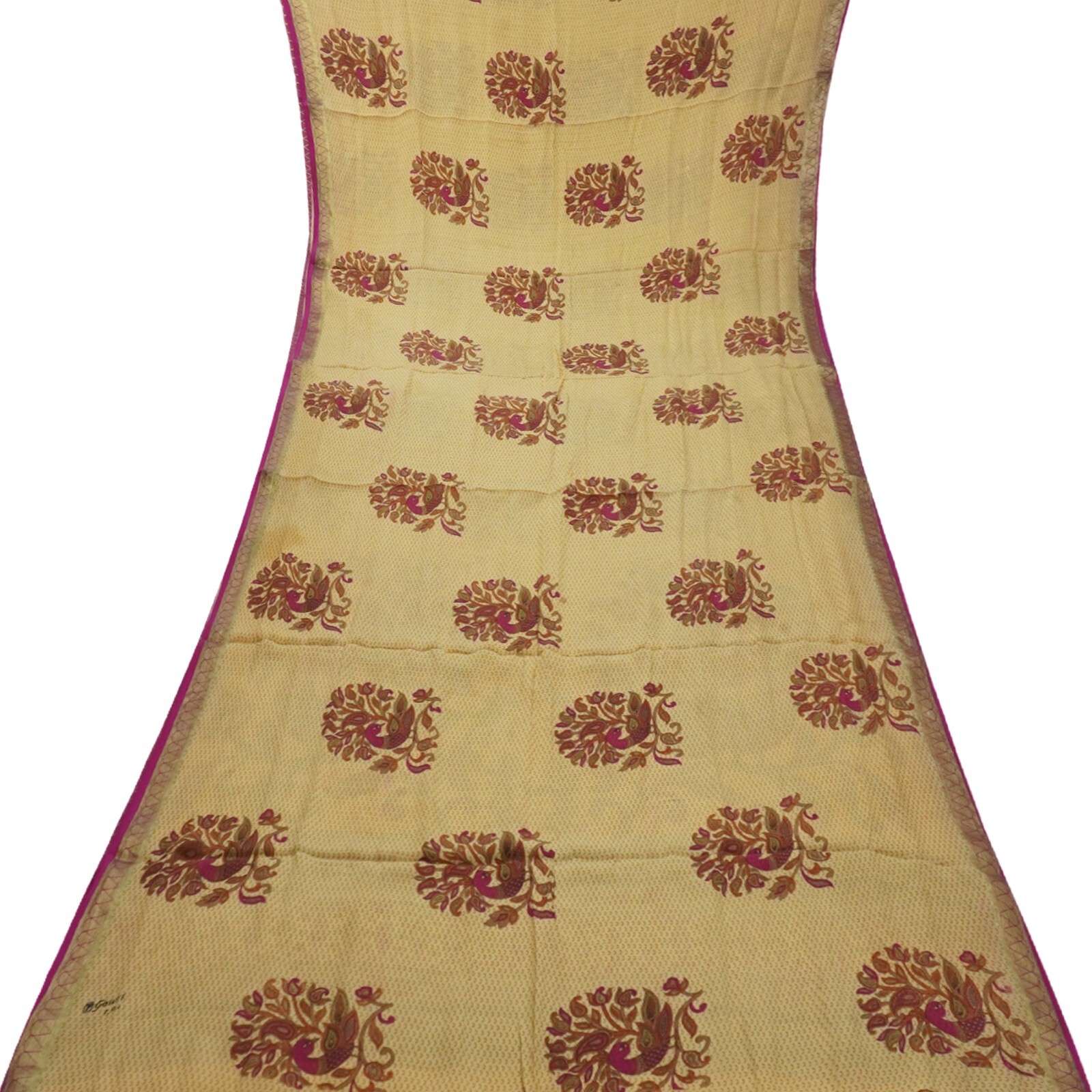 Vintage Beige Saree 100% Pure Crepe Silk Peacock Printed Zari Border Sari Fabric