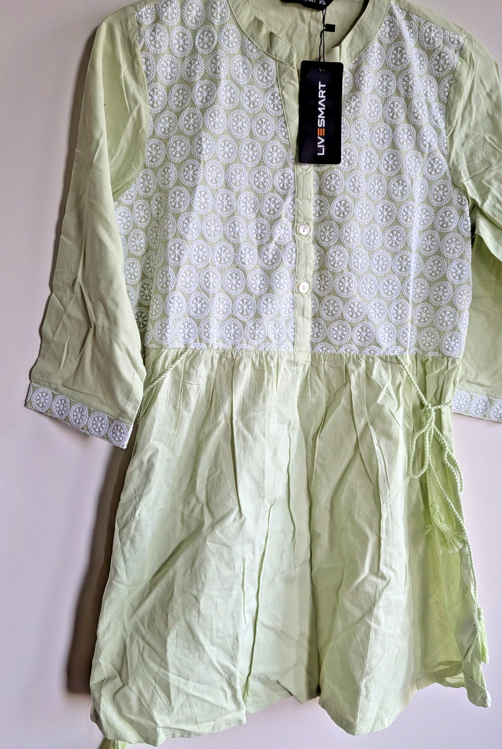 Short Kurta Kurti Top Cotton Embroidered side tie-ups Pista 100% Cotton Small