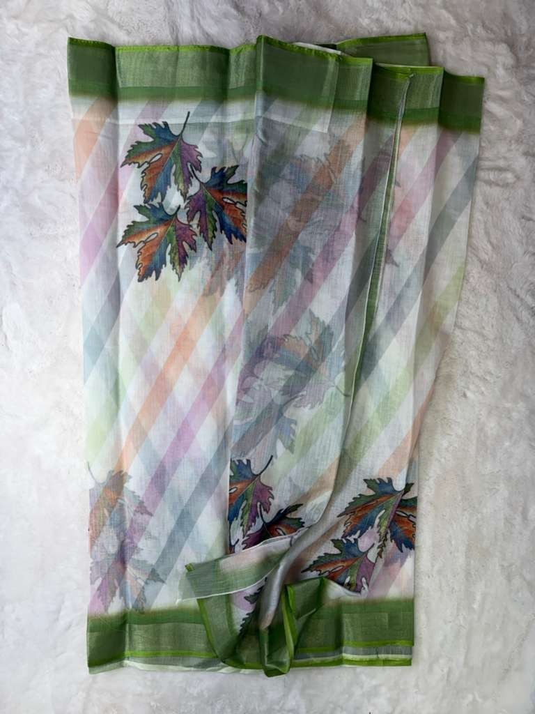 Digital Print Linen Saree with gold jari border and with readymade blouse 40-46