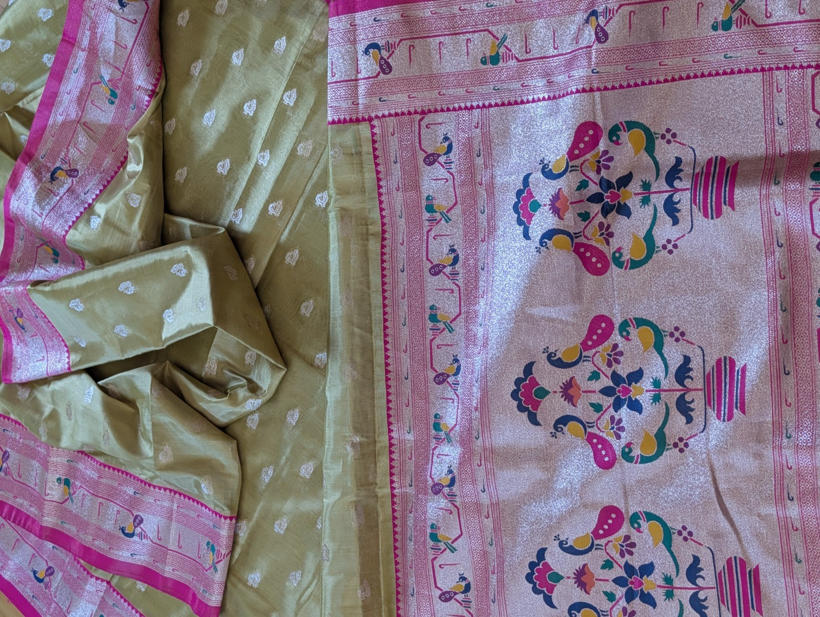 Saree Paithani Silk Muniya Peacock Minakari Zari Border Pallu Stitched Blouse