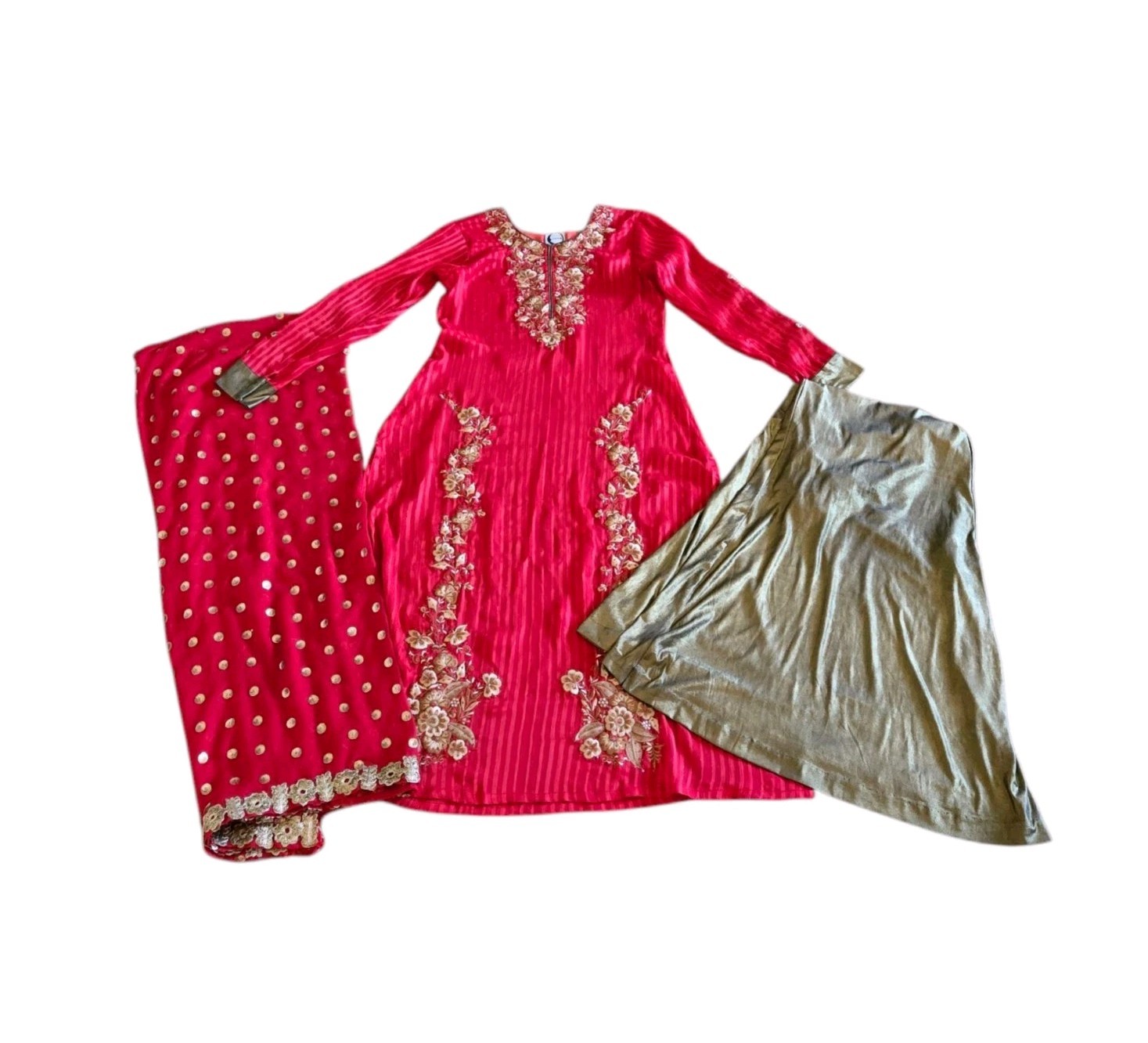 Embroidered Salwar Kameez Dupatta Long Scarf Red Gold Chiffon Party Wear Dress