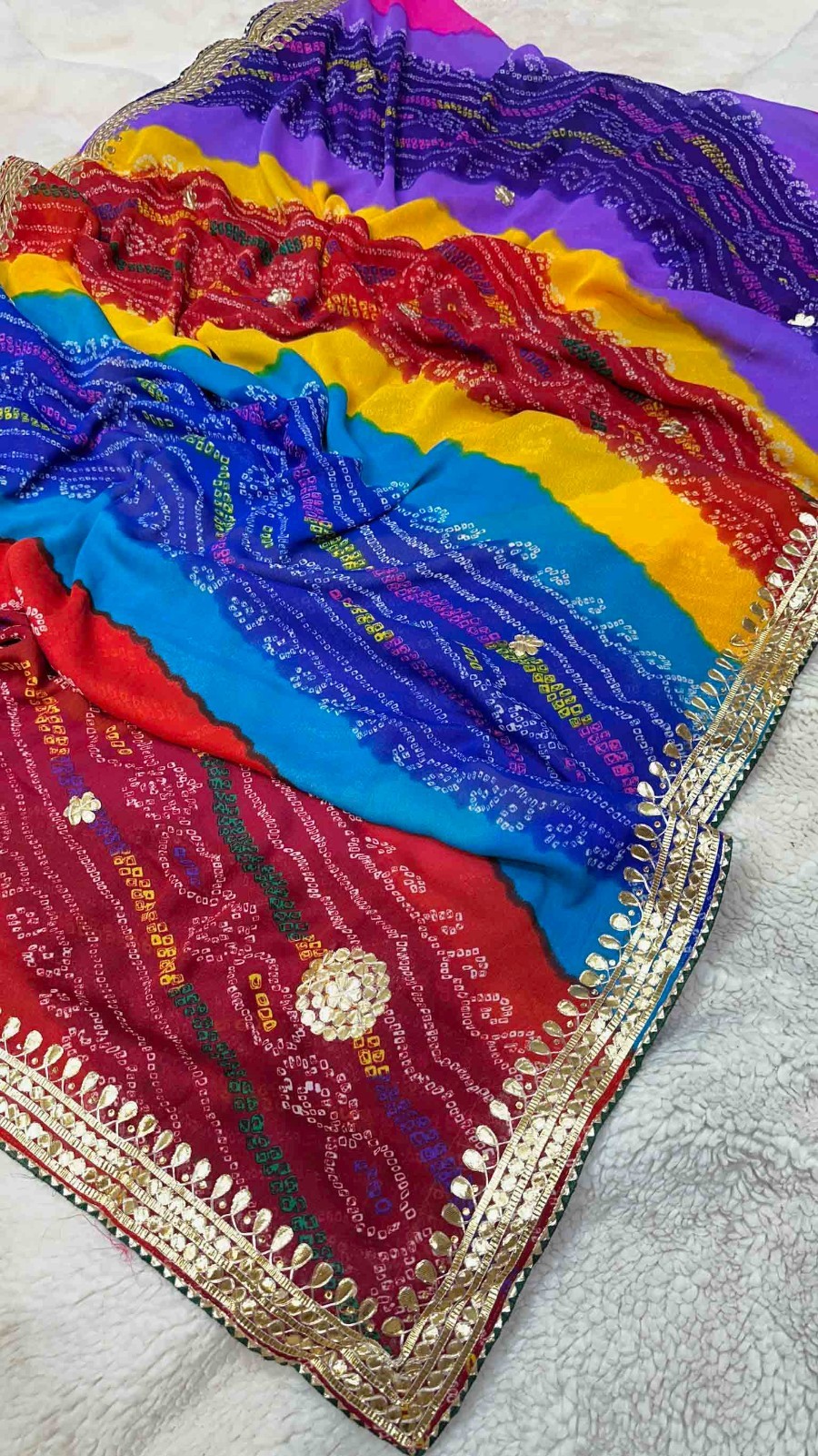 Women Bandhej Saree Georgette Fabric Gota Patti With Unstitched Blouse