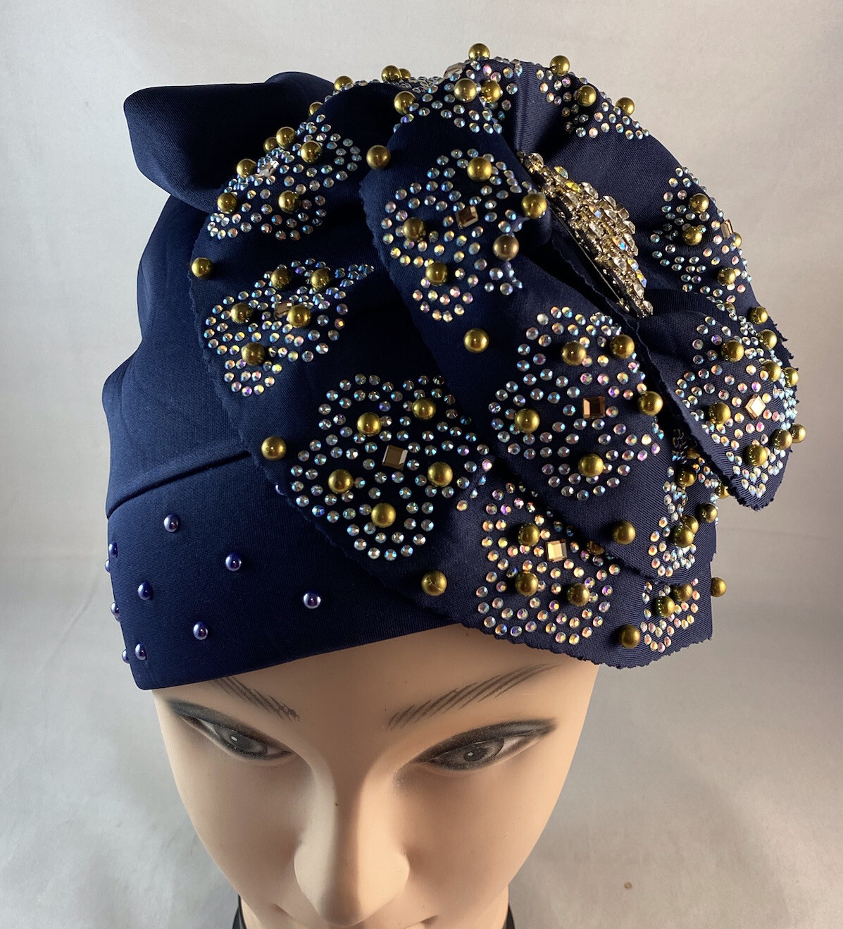 African Women Spandex Ornate Stretch Turban Hat Ladies Head Piece ~ Navy Blue