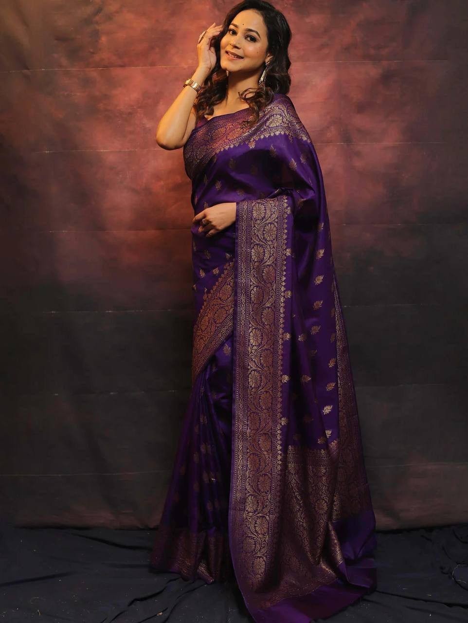 Wedding Wear Purple Lichi Silk Saree with Golden Jacquard Pallu & Blouse indian
